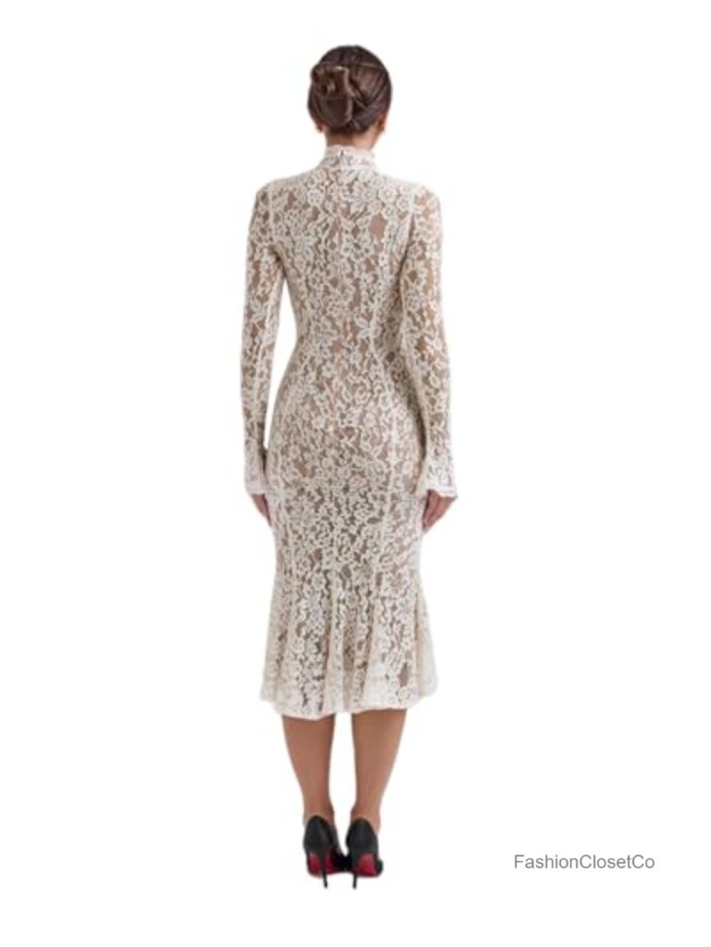 Floral Lace Mock Neck Long Sleeve Midi Dress Back Zipper Bodycon - Picture 2 of 6